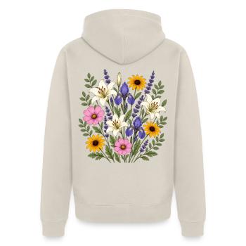 Weisse Lilie violette Iris Lavendel Cottagecore - Unisex Premium Bio Zip Hoodie - Beige - Hinten - Thijin (182cm)