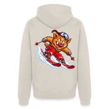 Pistensau - Lustiges skifahrendes Wildschwein - Unisex Premium Bio Zip Hoodie - Beige - Hinten - Thijin (182cm)