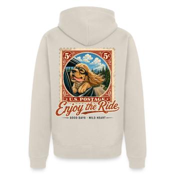 Enjoy the Ride – Vintage Hunde Roadtrip Design - Unisex Premium Bio Zip Hoodie - Beige - Hinten - Thijin (182cm)