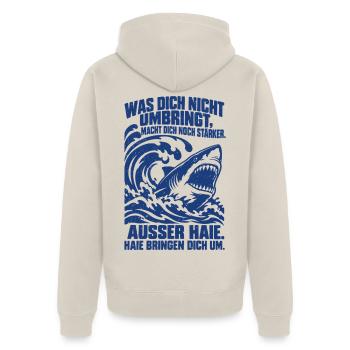 Was dich nicht umbringt, macht dich noch stärker.  - Unisex Premium Bio Zip Hoodie - Beige - Hinten - Thijin (182cm)