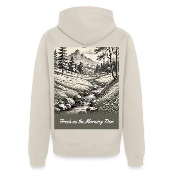 Morgentau im Waldtal - Unisex Premium Bio Zip Hoodie - Beige - Hinten - Thijin (182cm)