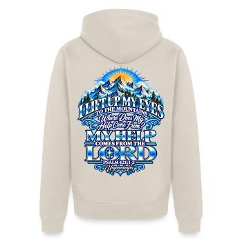 Psalm 121, Psalm 121:1-2, I Lift Up My Eyes - Unisex Premium Bio Zip Hoodie - Beige - Hinten - Thijin (182cm)