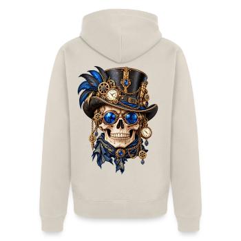 Totenkopf, Totenkopf, Steampunk-Hut, blaue Federn - Unisex Premium Bio Zip Hoodie - Beige - Hinten - Thijin (182cm)