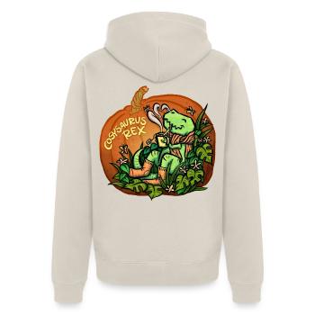 Cosysaurus Rex mit Blümchen (NO AI / Ohne KI) - Unisex Premium Bio Zip Hoodie - Beige - Hinten - Thijin (182cm)