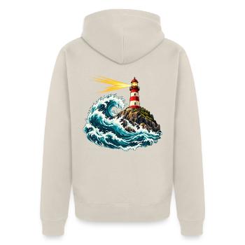Leuchtturm über einer schwingenden Welle - Unisex Premium Bio Zip Hoodie - Beige - Hinten - Thijin (182cm)
