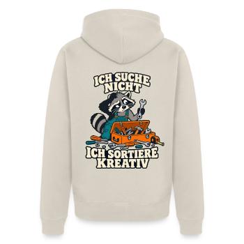 Waschbär – Ich suche nicht, ich sortiere kreativ - Unisex Premium Bio Zip Hoodie - Beige - Hinten - Thijin (182cm)