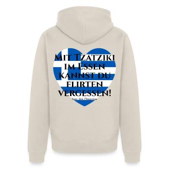 MIT TZATZIKI KANNST DU FLIRTEN VERGESSEN PITAGORAS - Unisex Premium Bio Zip Hoodie - Beige - Hinten - Thijin (182cm)