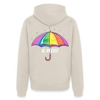 Il Pleut – Frecher Regenschirm im Regenbogenlook - Unisex Premium Bio Zip Hoodie - Beige - Hinten - Thijin (182cm)