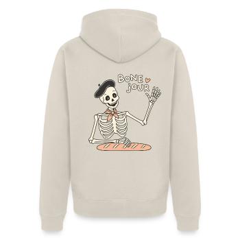 Bone Jour – Skelettgruß - Unisex Premium Bio Zip Hoodie - Beige - Hinten - Thijin (182cm)