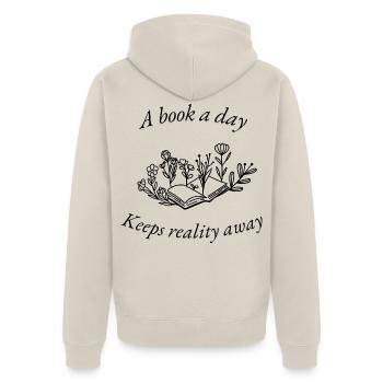Ein Buch am Tag hält die Realität fern - Unisex Premium Bio Zip Hoodie - Beige - Hinten - Thijin (182cm)