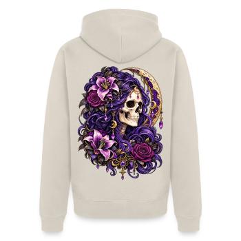 Schädelfrau, Mondblumen, Lila, Gotisch, - Unisex Premium Bio Zip Hoodie - Beige - Hinten - Thijin (182cm)