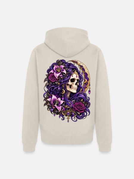 Schädelfrau, Mondblumen, Lila, Gotisch, - Unisex Premium Bio Zip Hoodie - Beige