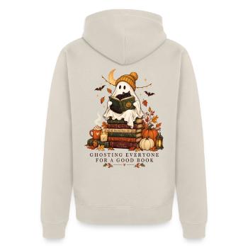 Halloween Geist mit Katze für Buch Liebhaber - Unisex Premium Bio Zip Hoodie - Beige - Hinten - Thijin (182cm)
