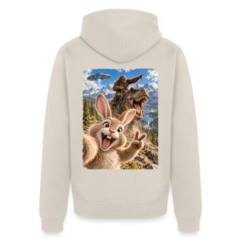 Osterhase Selfie mit Bigfoot, T-Rex, UFO - Unisex Premium Bio Zip Hoodie - Beige - Hinten - Thijin (182cm)