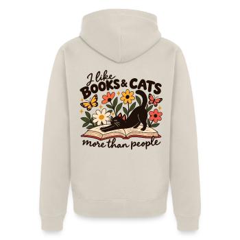 I Like Books & Cats More Than People - Unisex Premium Bio Zip Hoodie - Beige - Hinten - Thijin (182cm)