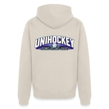 Unihockey NeonLogo Kraftvoll - Unisex Premium Bio Zip Hoodie - Beige - Hinten - Thijin (182cm)