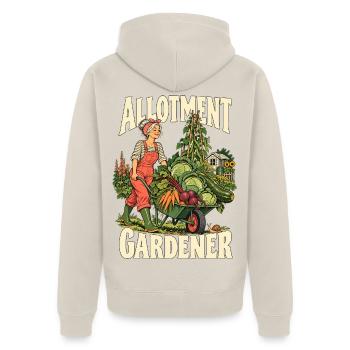 Ein Latzhosen mit einer Schubkarre voller Gemüse - Unisex Premium Bio Zip Hoodie - Beige - Hinten - Thijin (182cm)