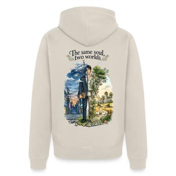 Zwei Seelen, eine Welt - Unisex Premium Bio Zip Hoodie - Beige - Hinten - Thijin (182cm)
