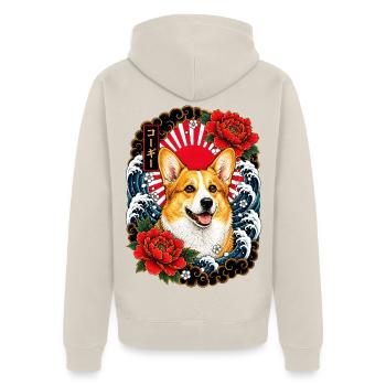 Welsh Corgi im japanischen Irezumi Stil - Unisex Premium Bio Zip Hoodie - Beige - Hinten - Thijin (182cm)