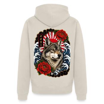 Wolf im japanischen Irezumi Tattoo Stil - Unisex Premium Bio Zip Hoodie - Beige - Hinten - Thijin (182cm)