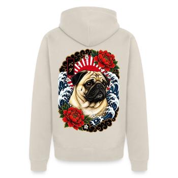 Mops im japanischen Irezumi Tattoo Stil - Unisex Premium Bio Zip Hoodie - Beige - Hinten - Thijin (182cm)