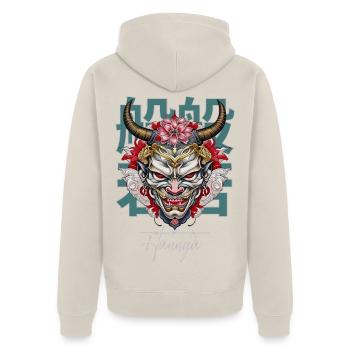 Japanese Hannya Mask: Lotus & Horns - Unisex Premium Bio Zip Hoodie - Beige - Hinten - Thijin (182cm)