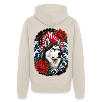 Siberian Husky im japanischen Irezumi Stil - Unisex Premium Bio Zip Hoodie - Beige - Hinten - Thijin (182cm)