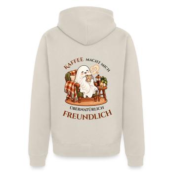 Kaffeegeist in bester Laune - Unisex Premium Bio Zip Hoodie - Beige - Hinten - Thijin (182cm)