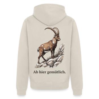 Steinbock Ab hier gemütlich - Unisex Premium Bio Zip Hoodie - Beige - Hinten - Thijin (182cm)