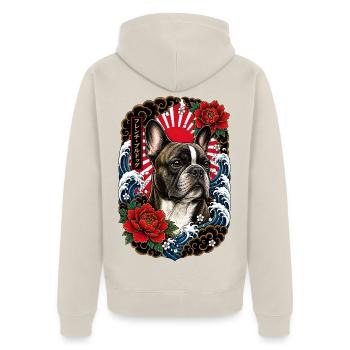 Französische Bulldogge im Japan Tattoo Stil - Unisex Premium Bio Zip Hoodie - Beige - Hinten - Thijin (182cm)