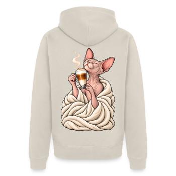 Sphinx Katze mit Latte Macchiato – Katzenkaffee - Unisex Premium Bio Zip Hoodie - Beige - Hinten - Thijin (182cm)