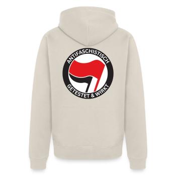 Antifaschistisch Getestet - Unisex Premium Bio Zip Hoodie - Beige - Hinten - Thijin (182cm)