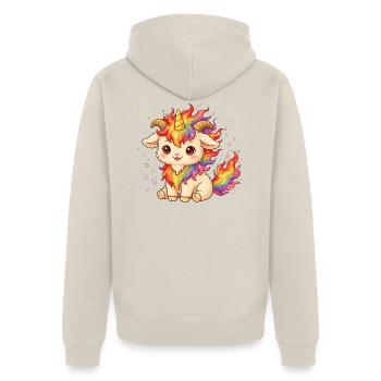 Unicorn Fire Goat Shirt Einhorn Feuer Ziege  - Unisex Premium Bio Zip Hoodie - Beige - Hinten - Thijin (182cm)