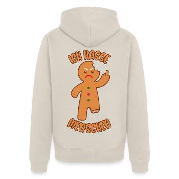 Lebkuchenmann Mittelfinger Ich hasse Menschen - Unisex Premium Bio Zip Hoodie - Beige - Hinten - Thijin (182cm)