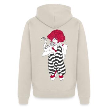Mädchen, rote Haare im Streifen-Look mit Katze - Unisex Premium Bio Zip Hoodie - Beige - Hinten - Thijin (182cm)