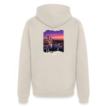 Hangzhou Evening Light Skyline Print - Unisex Premium Organic Zip Hoodie - beige - Back - Thijin (182cm)