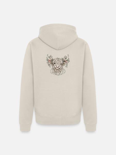 Highland Kuh mit Blumenkrone - Unisex Premium Bio Zip Hoodie - Beige