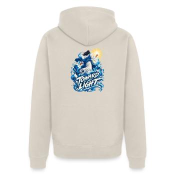 Toward Light – Wellenmotive und Heilandsfigur - Unisex Premium Bio Zip Hoodie - Beige - Hinten - Thijin (182cm)