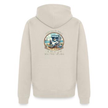 Talent am Meer – Möwe entspannt sitzt - Unisex Premium Bio Zip Hoodie - Beige - Hinten - Thijin (182cm)