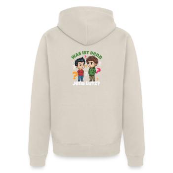 Was ist denn jetz los? Cartoon, Wortspiel - Unisex Premium Bio Zip Hoodie - Beige - Hinten - Thijin (182cm)