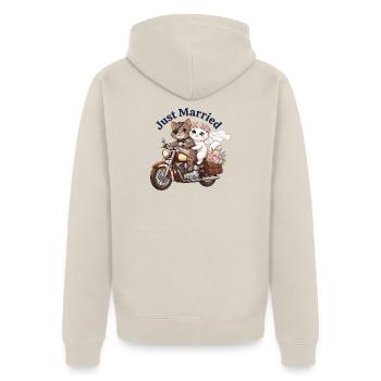 Just Married Katzen auf Motorrad - Unisex Premium Bio Zip Hoodie - Beige - Hinten - Thijin (182cm)
