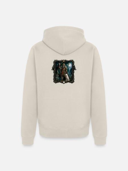 Druide begleitet von einem weißen Wolf - Unisex Premium Bio Zip Hoodie - Beige