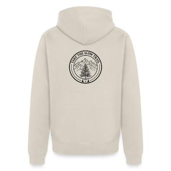 Take The Slow Trail - Back Print Mountain Badge - Unisex Premium Bio Zip Hoodie - Beige - Hinten - Thijin (182cm)