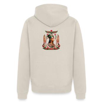 Nofretete – Königin in Grün-Rot - Unisex Premium Bio Zip Hoodie - Beige - Hinten - Thijin (182cm)