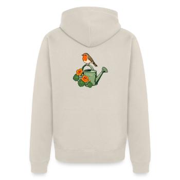 Rotkehlchen auf einer blühenden Gießkanne – Gartenarbeit - Unisex Premium Bio Zip Hoodie - Beige - Hinten - Thijin (182cm)