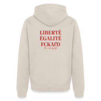 LIBERTÉ ÉGALITÉ FCKAfD Typografie Antifa Protest - Unisex Premium Bio Zip Hoodie - Beige - Hinten - Thijin (182cm)