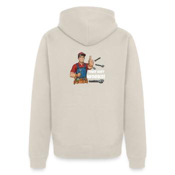 Werkstattheld Spruchdesign, That shit works! - Unisex Premium Bio Zip Hoodie - Beige - Hinten - Thijin (182cm)