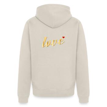 LIEBE HERZ BOTSCHAFT - Unisex Premium Bio Zip Hoodie - Beige - Hinten - Thijin (182cm)