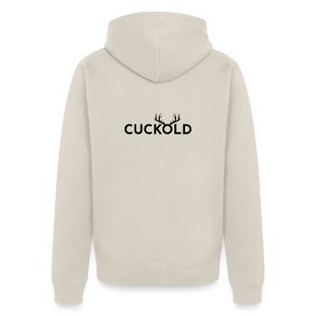 Cuck-Hörner - Unisex Premium Bio Zip Hoodie - Beige - Hinten - Thijin (182cm)