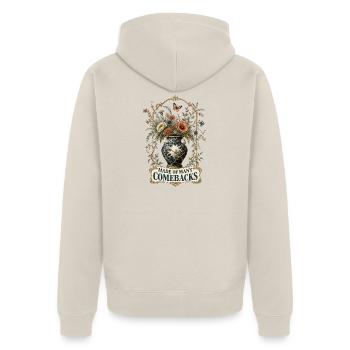 Bestehend aus vielen Comebacks - Unisex Premium Bio Zip Hoodie - Beige - Hinten - Thijin (182cm)